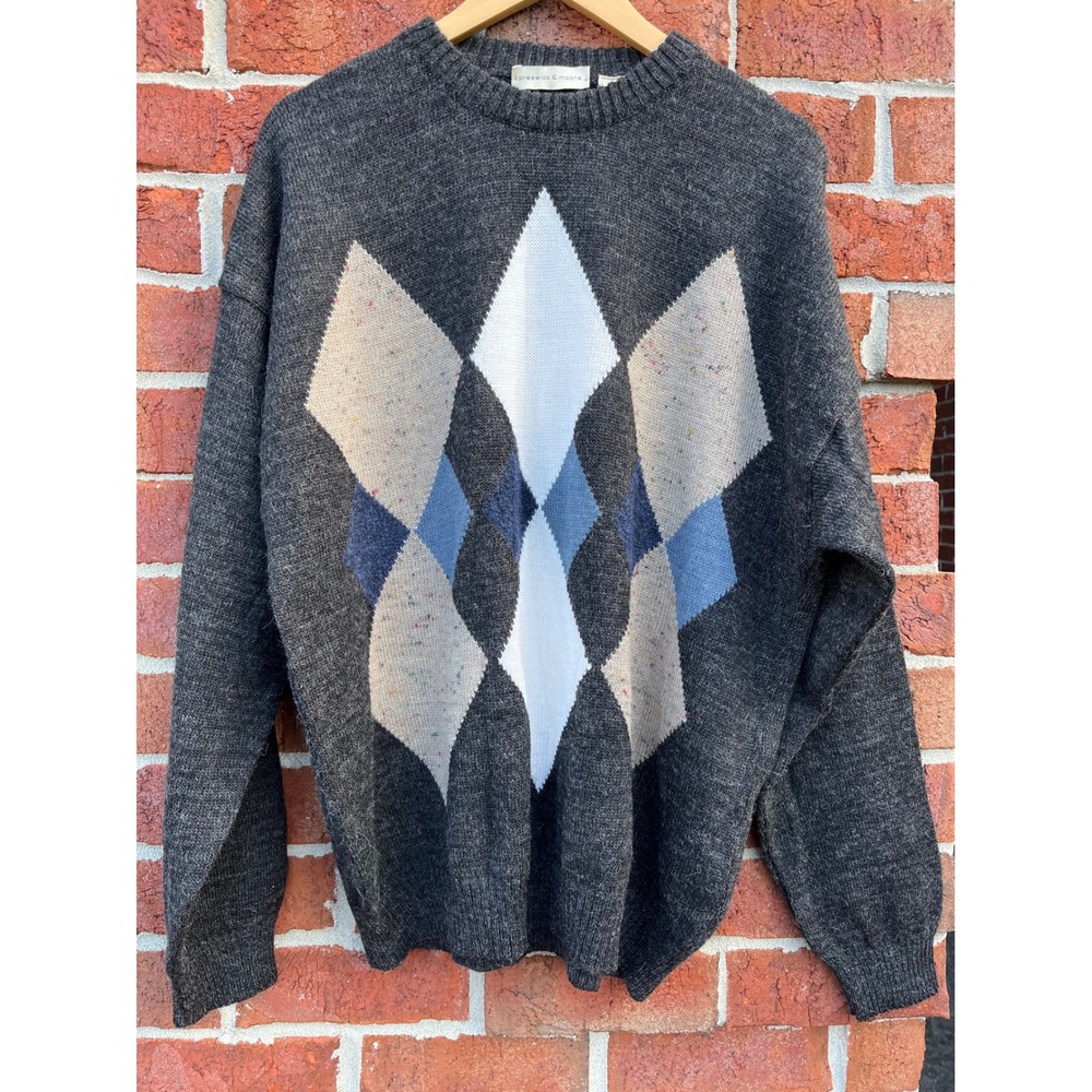 Preswick & Moore Mens Large Argyle Wool Alpaca Blend Sweater Charcoal Gray Knit